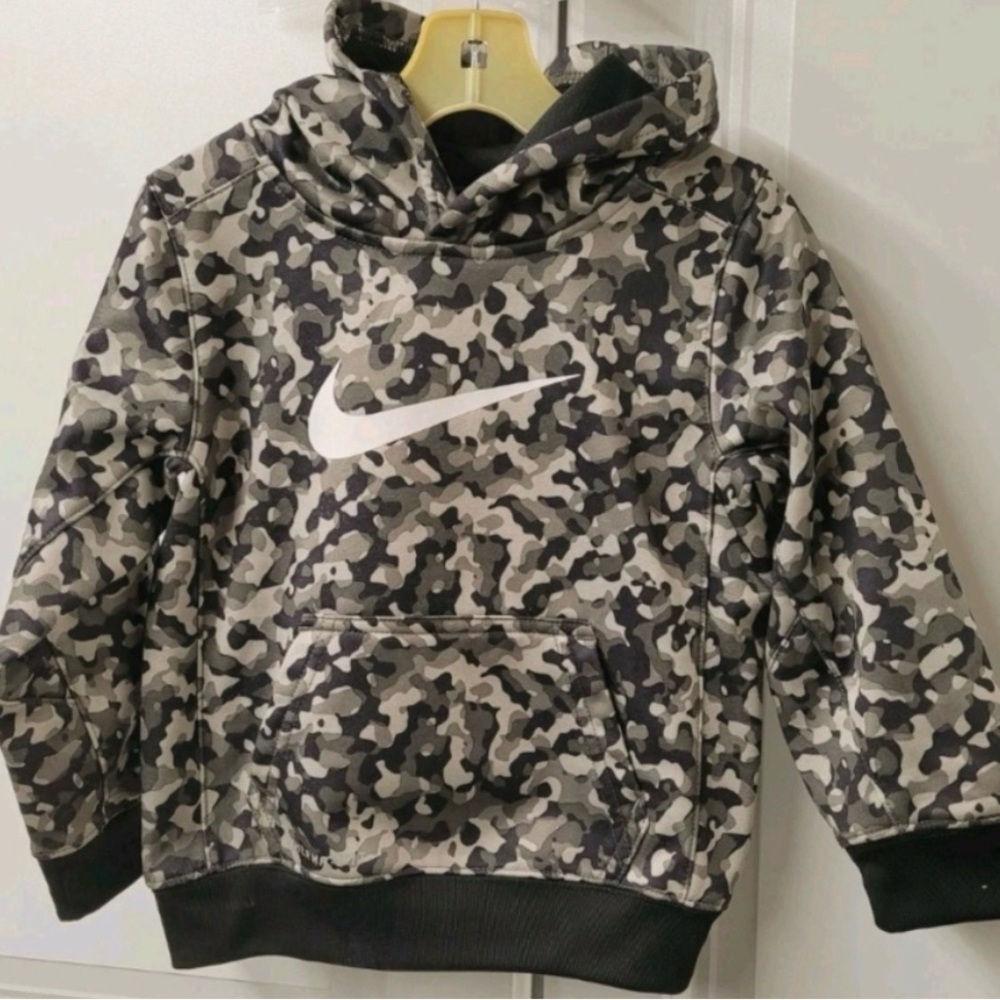 Nike Kids Gray & Black Camo Pullover Hoodie with White Swoosh
